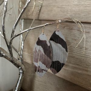 $10 - Genuine leather camouflage leaf shaped earrings